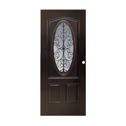 PUERTA DE METAL 3' X 7'  DE 3 PANELES CON BASTIDOR DE MADERA VIDRIO OVALADO CON HIERRO ACABADO MADERA CAOBA METALPRO