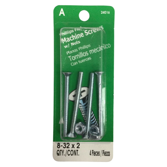 TORNILLO DE MAQUINA CON TUERCA CAB PLANA PHILLIPS N°8-32 x 2 PULGADAS ROSCA ESTANDAR