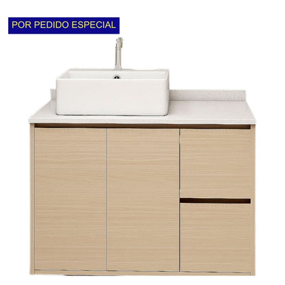 MUEBLE DE BAÑO EN PLYWOOD LAMINADO AEREO CON LAVAMANO Y GRIFERIA 2 PUERTAS + 2 GAVETAS 0.90X0.52X0.55 M COLOR MADERA YK201-B14 MOD. YKL-V005 PLY