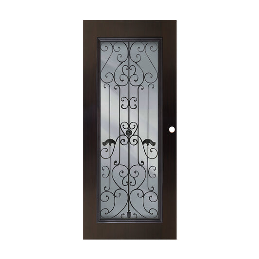 PUERTA DE METAL 3' X 7' DE 1 PANEL CON BASTIDOR DE MADERA VIDRIO CON HIERRO DECORATIVO ACABADO MADERA CAOBA METALPRO