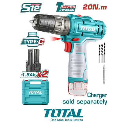 TALADRO INALÁMBRICO TOTAL 3/8 PULGADAS 12 V 20 NM LUZ LED (NO INCLUYE CARGADOR) TIDLI12202