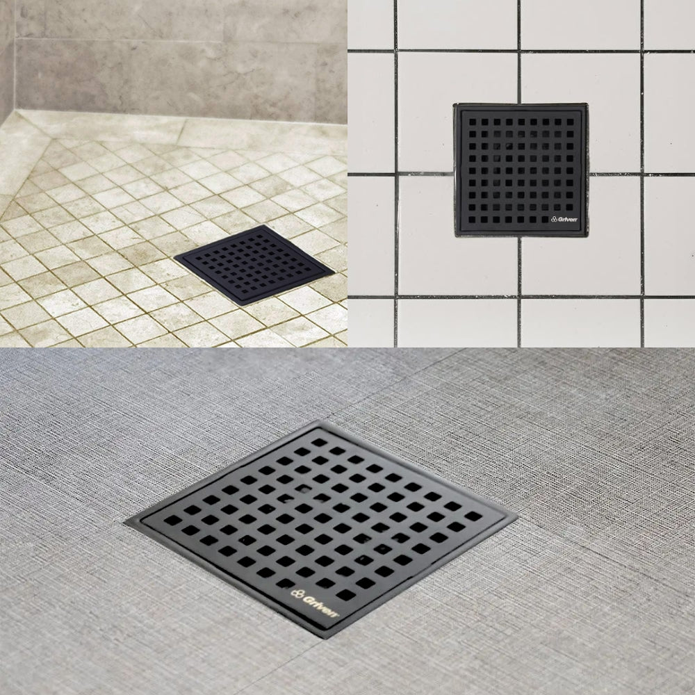 DESAGUE PARA PISO CON REJILLA COLOR NEGRO 4X4 DE 2 PULGADAS DE DIAMETRO A367-BL-18