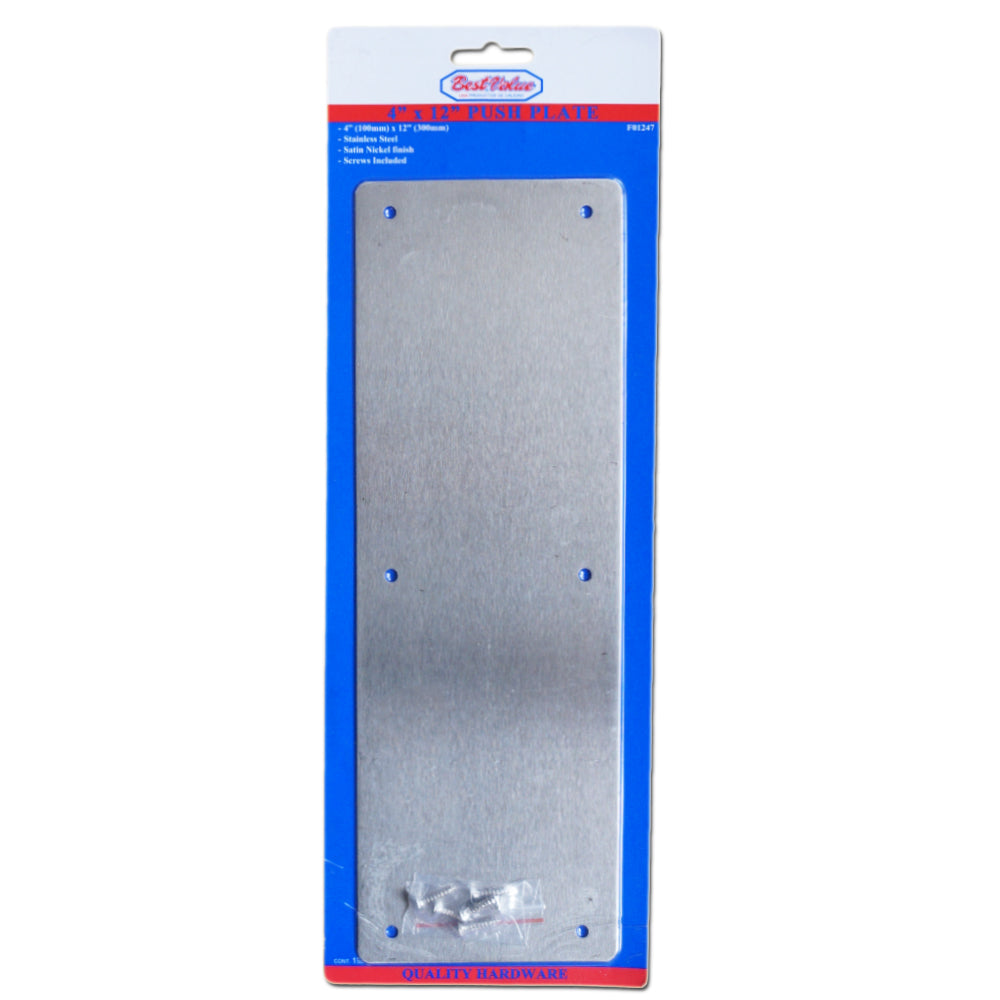 PLACA PARA EMPUJE PARA PUERTAS  12 PULGADAS X 4 PULGADAS  SATIN NIQUEL BEST VALUE