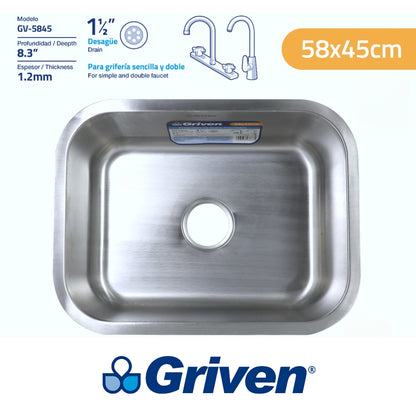 FREGADOR BAJO MESA SENCILLO DE ACERO INOXIDABLE 58X45 CM (23 PULGADASX17 PULGADASX8 PULGADAS) GRIVEN GV-5845