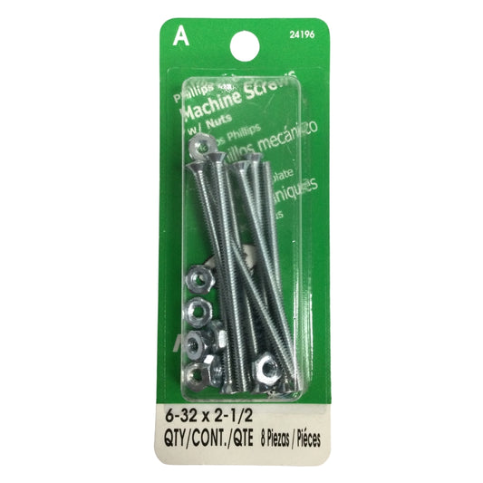 TORNILLO DE MAQUINA CON TUERCA CAB PLANA PHILLIPS N°6-32 x 2-1/2 PULGADAS ROSCA ESTANDAR