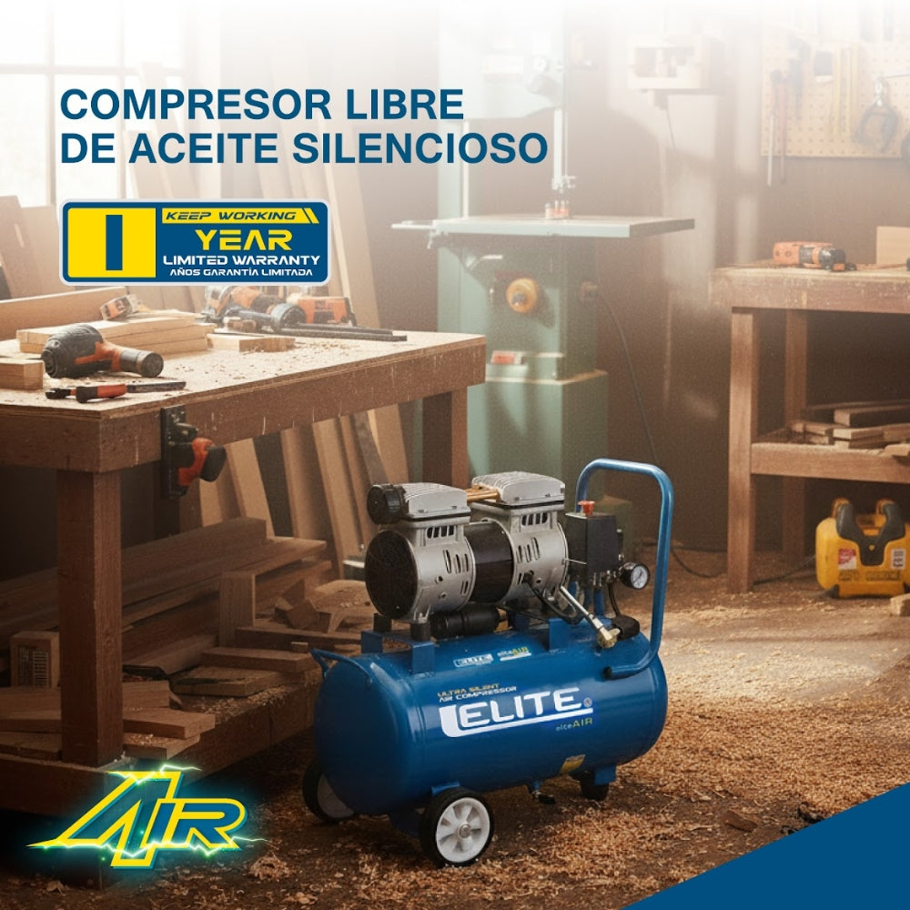 COMPRESOR DE AIRE SILENCIOSO LIBRE DE ACEITE 24L- 6.6 CFM - 1.5HP - 120PSI