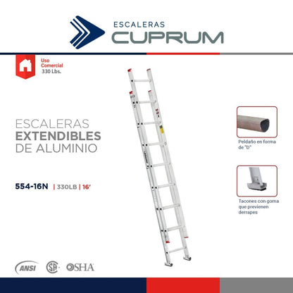 ESCALERA EXTENSION USO PROFESIONAL TIPO-III  ALUMINIO 16 PIES 90 KG 554-16N CUPRUM
