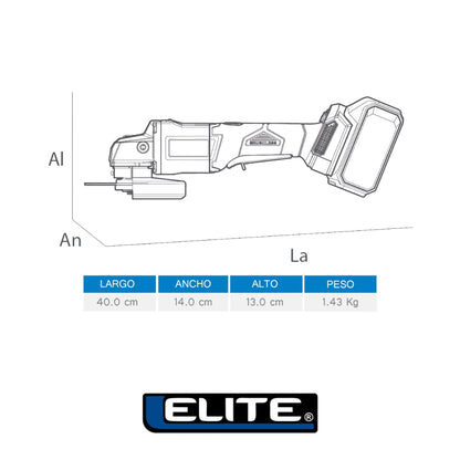 ESMERILADORA INALAMBRICA BRUSHLESS 5PUL ELITE 21V 10.000RPM BATERIA 4AH + CARGADOR 2.4AH