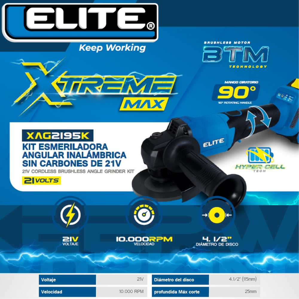 ESMERILADORA INALAMBRICA BRUSHLESS 5PUL ELITE 21V 10.000RPM BATERIA 4AH + CARGADOR 2.4AH