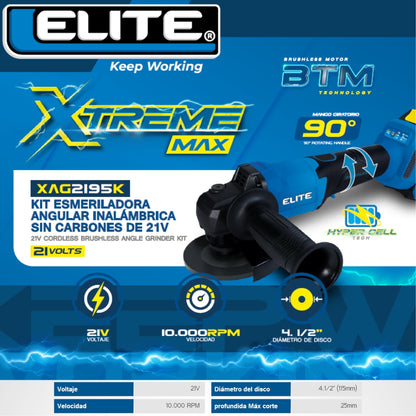 ESMERILADORA INALAMBRICA BRUSHLESS 5PUL ELITE 21V 10.000RPM BATERIA 4AH + CARGADOR 2.4AH