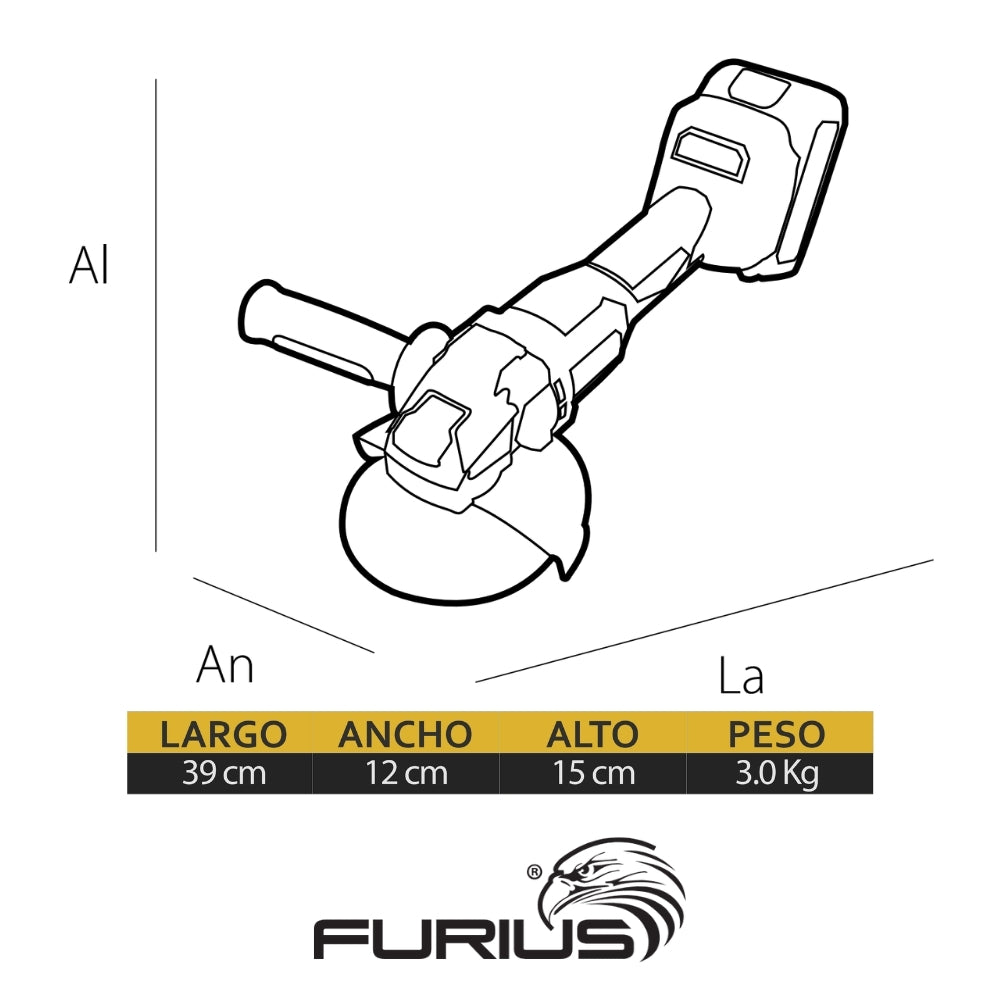 ESMERILADORA ANGULAR FURIUS  4-1/2 S/CARBONES 20V 1 BATERIA 4AH