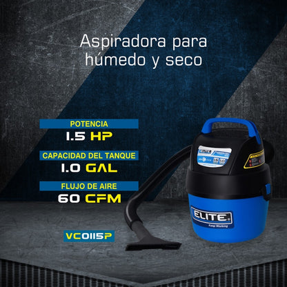 ASPIRADORA PARA HÚMEDO Y SECO 1.5HP 1 GAL 60CFM. 110VAC