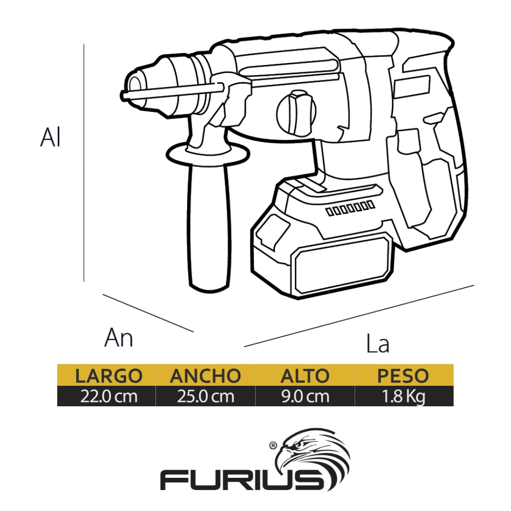 ROTOMARTILLO INALÁMBRICO 21V BRUSHLESS SDS PLUS 4,700GPM. 1000RPM. 2.6 JOULES CON BATERÍA LI-ION 4AH + CARGADOR 2.4AH CON CONTROL DE CARGA