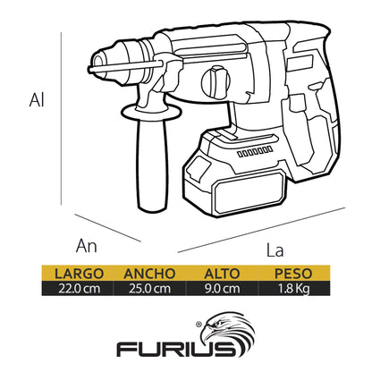 ROTOMARTILLO INALÁMBRICO 21V BRUSHLESS SDS PLUS 4,700GPM. 1000RPM. 2.6 JOULES CON BATERÍA LI-ION 4AH + CARGADOR 2.4AH CON CONTROL DE CARGA