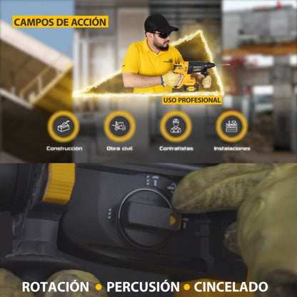 ROTOMARTILLO INALÁMBRICO 21V BRUSHLESS SDS PLUS 4,700GPM. 1000RPM. 2.6 JOULES CON BATERÍA LI-ION 4AH + CARGADOR 2.4AH CON CONTROL DE CARGA