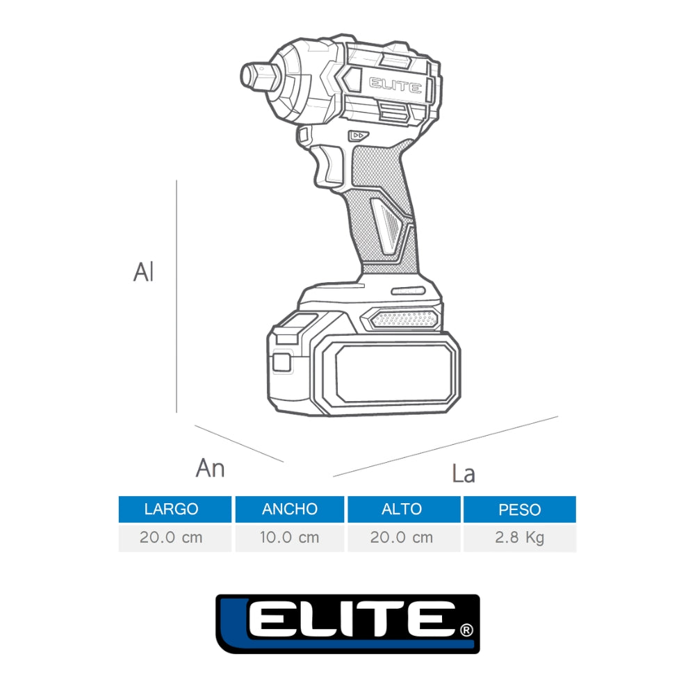 LLAVE DE IMPACTO INALAMBRICA BRUSHLESS CUADRANTE DE 1/2 21V 0-2500RPM, 0-300/ 0-400 / 0-500 NM, 0-3300 IPM CON BATERIA 4AH Y CARGADOR 2,4AH.