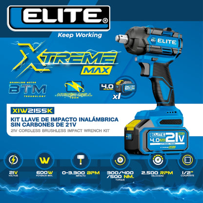LLAVE DE IMPACTO INALAMBRICA BRUSHLESS CUADRANTE DE 1/2 21V 0-2500RPM, 0-300/ 0-400 / 0-500 NM, 0-3300 IPM CON BATERIA 4AH Y CARGADOR 2,4AH.