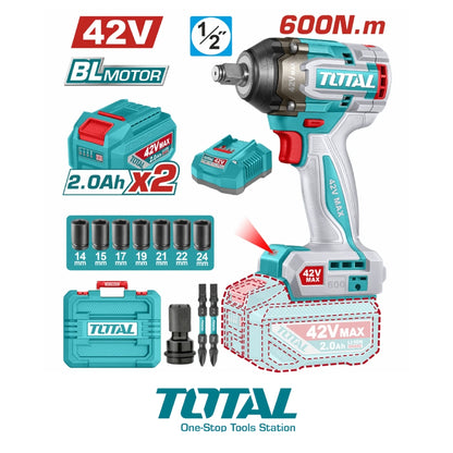 LLAVE IMPACTO DADO CUADRADO 42V 1/2" MOTOR SIN ESCOBILLAS 600NM INCLUYE 2 BATERÍAS Y CARGADOR UTIWLI42602