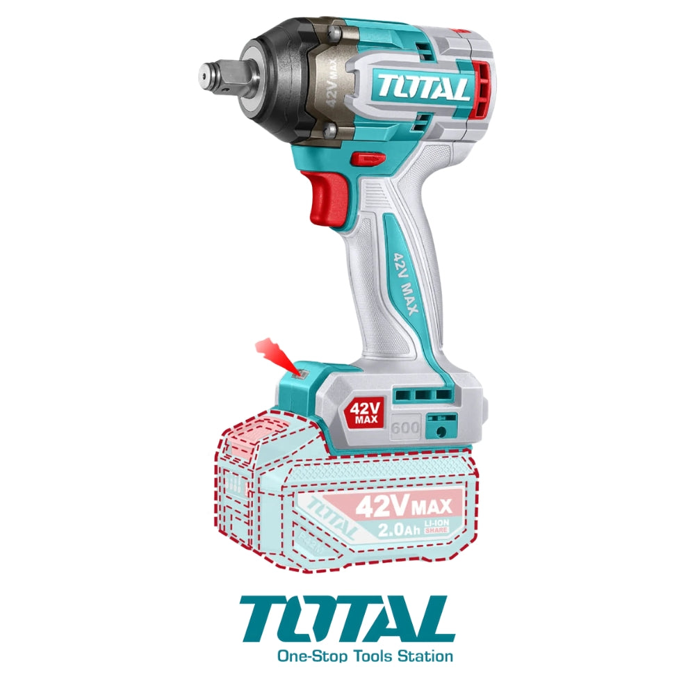 LLAVE IMPACTO DADO CUADRADO 42V 1/2" MOTOR SIN ESCOBILLAS 600NM INCLUYE 2 BATERÍAS Y CARGADOR UTIWLI42602