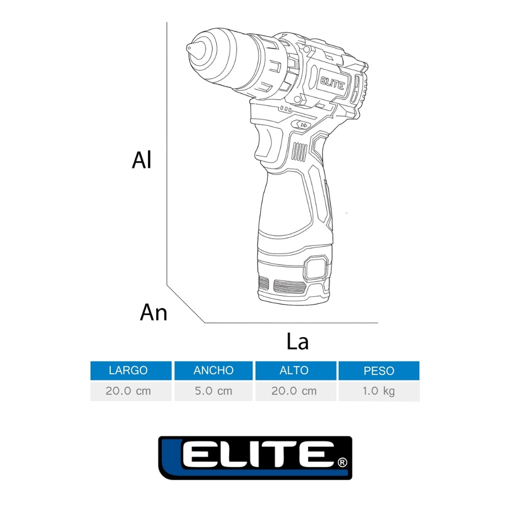 TALADRO DE IMPACTO ELITE 16V MANDRIL13mm S/ESCOBILLAS 2 BATERIAS Y CARGADOR