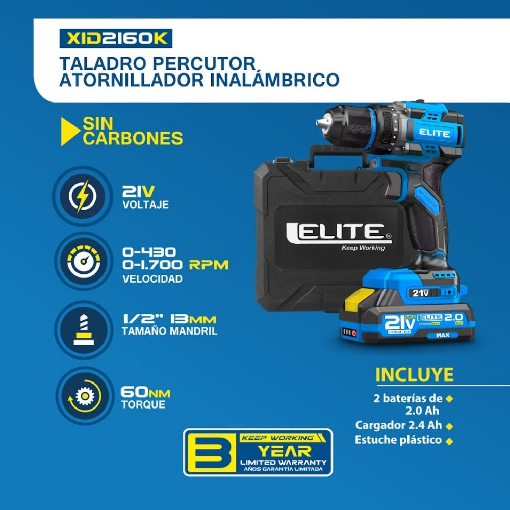 TALADRO PERCUTOR INALAMBRICO 21V - TORQUE 60Nm - MANDRIL 13MM 2 BATERIAS Y CARGADOR