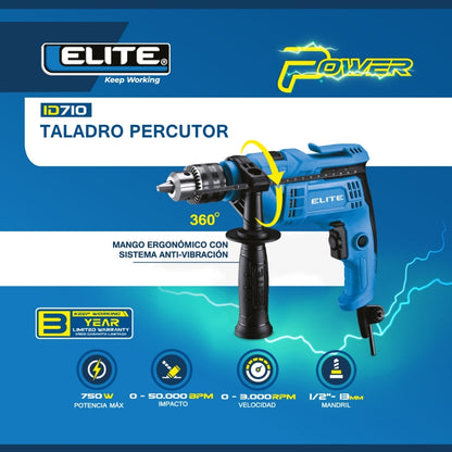 TALADRO PERCUTOR 1/2PUL, 750W, 3.000RPM, 110V-60HZ ELITE