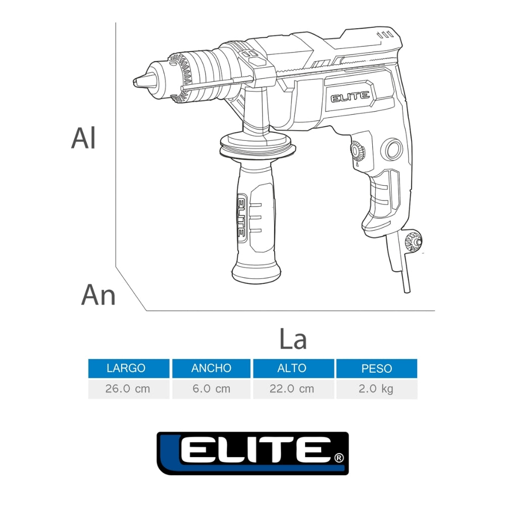 TALADRO PERCUTOR 1/2PUL, 850W, 3.000RPM, 110V-60HZ ELITE
