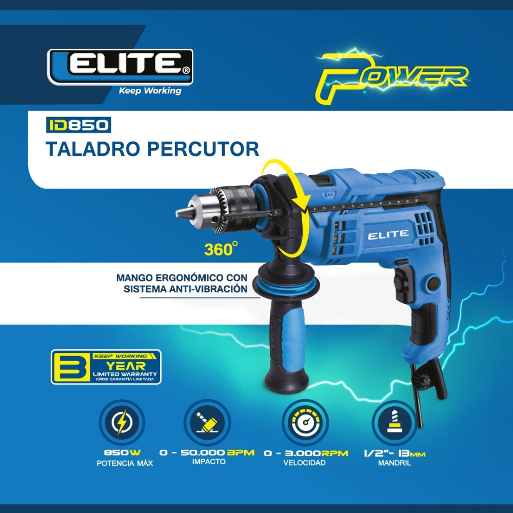TALADRO PERCUTOR 1/2PUL, 850W, 3.000RPM, 110V-60HZ ELITE