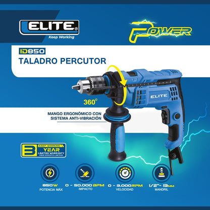 TALADRO PERCUTOR 1/2PUL, 850W, 3.000RPM, 110V-60HZ ELITE