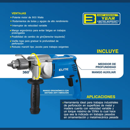 TALADRO DE ROTACION 1/2PUL 900W 110V-60HZ MANDRIL HD ELITE