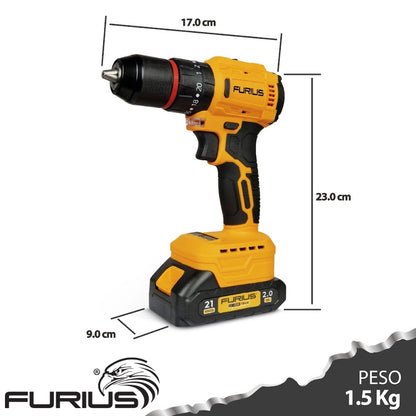TALADRO PERCUTOR INALAMBRICO BRUSHLESS 1/2 PUL, 21V, 45Nm, FURIUS