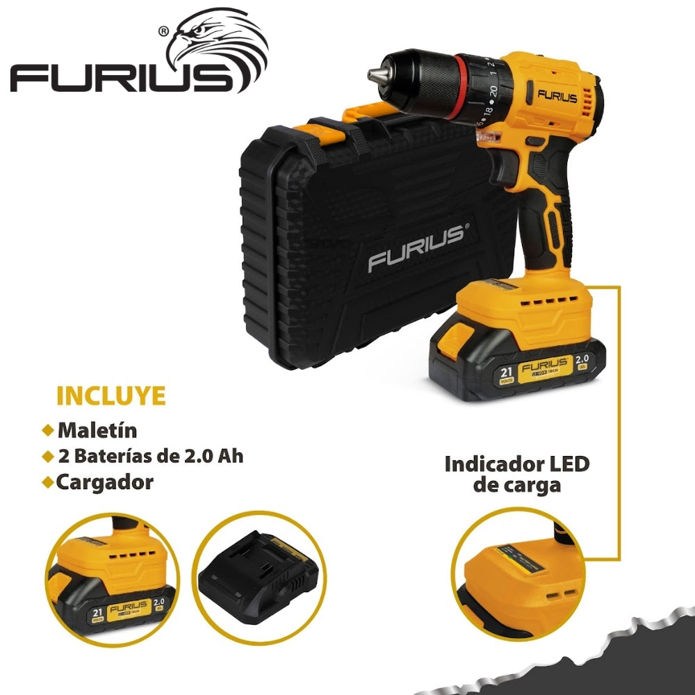 TALADRO PERCUTOR INALAMBRICO BRUSHLESS 1/2 PUL, 21V, 45Nm, FURIUS