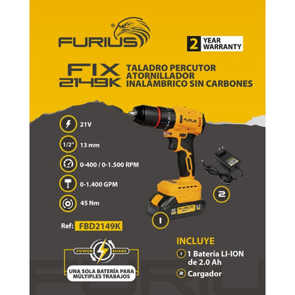 TALADRO PERCUTOR INALAMBRICO BRUSHLESS 1/2 IN INCLUYE 1 BATERIA Y CARGADOR FURIUS