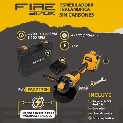 ESMERILADORA ANGULAR FURIUS 4-1/2 S/CARBONES 20V 1 BATERIA 4AH