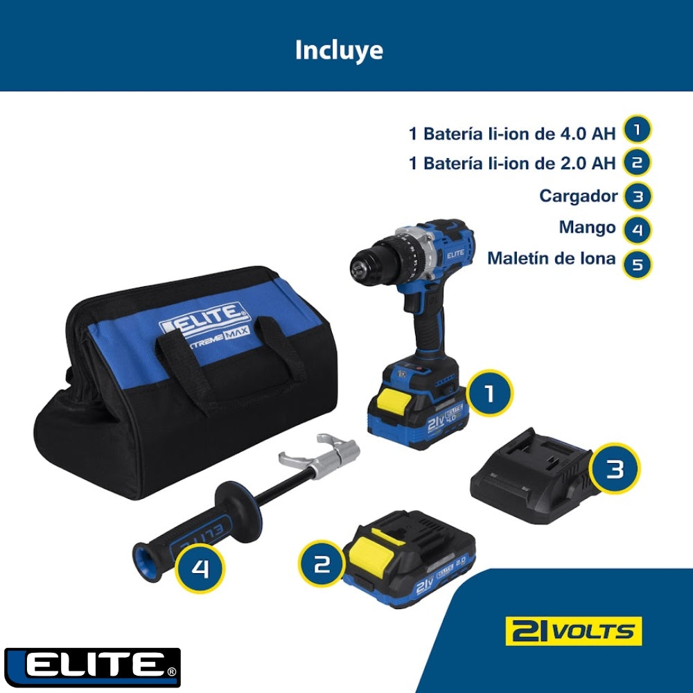 TALADRO ROTOMARTILLO PERCUTOR INALÁMBRICO 21V SIN ESCOBILLAS 1/2 IN 120Nm 1000W 2200 RPM 23200 BPM INCLUYE 1 BATERÍA 4AH, 1 BATERÍA 2AH, CARGADOR