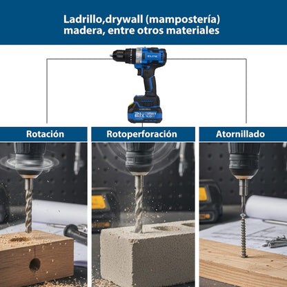 TALADRO ROTOMARTILLO PERCUTOR INALÁMBRICO 21V SIN ESCOBILLAS 1/2 IN 120Nm 1000W 2200 RPM 23200 BPM INCLUYE 1 BATERÍA 4AH, 1 BATERÍA 2AH, CARGADOR