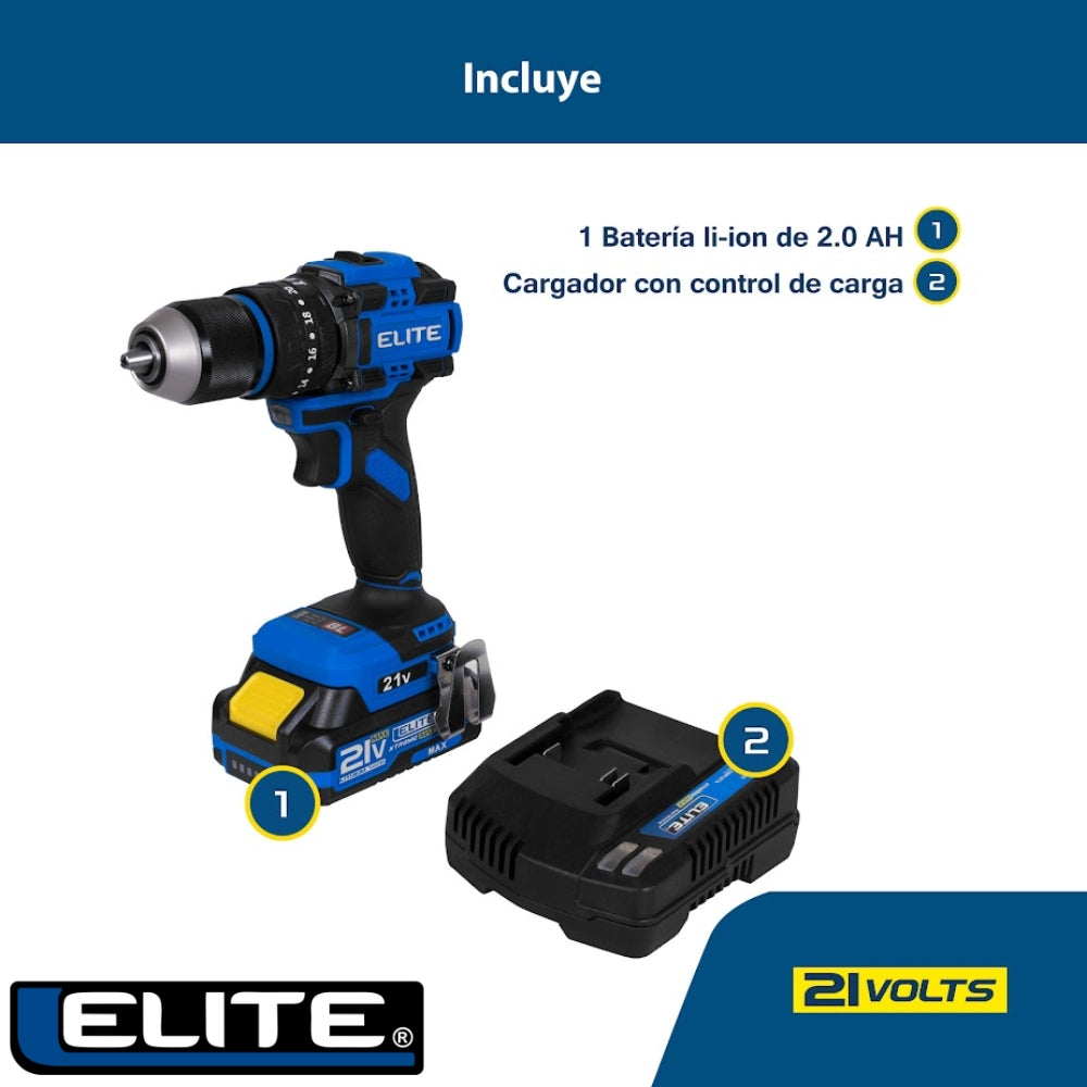 TALADRO PERCUTOR ATORNILLADOR INALÁMBRICO 21V SIN ESCOBILLAS  1/2 IN 550W 60Nm INCLUYE 1 BATERÍA 2AH Y CARGADOR 2.4AH