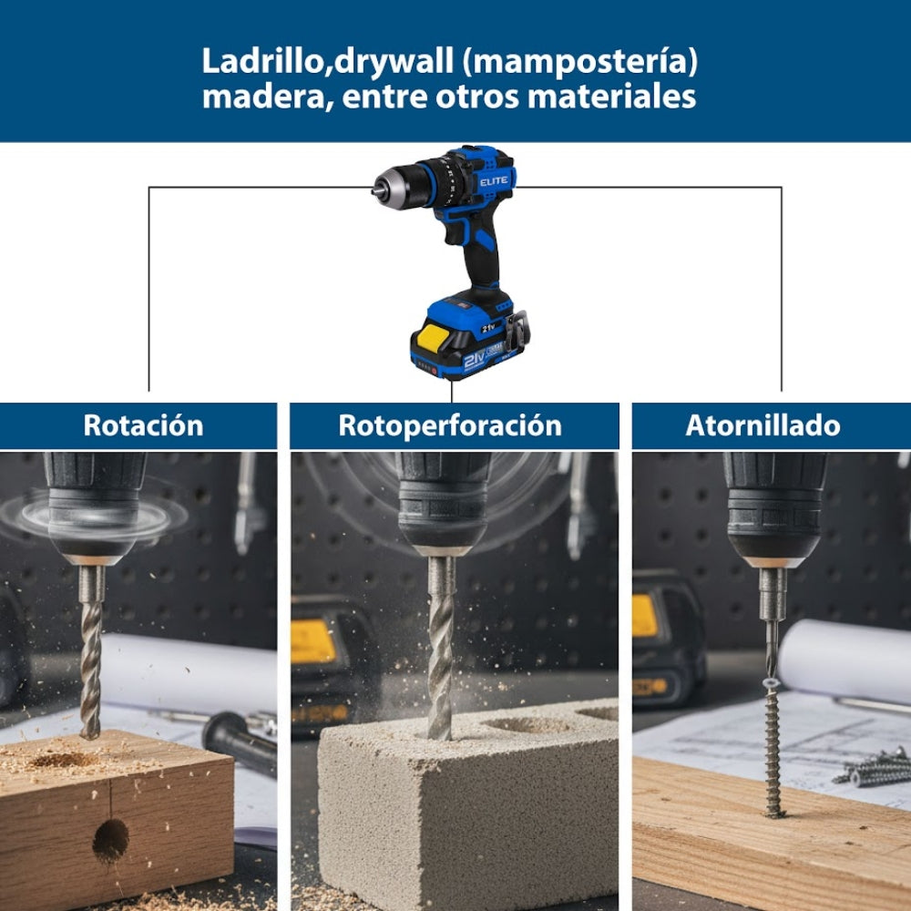 TALADRO PERCUTOR ATORNILLADOR INALÁMBRICO 21V SIN ESCOBILLAS  1/2 IN 550W 60Nm INCLUYE 1 BATERÍA 2AH Y CARGADOR 2.4AH