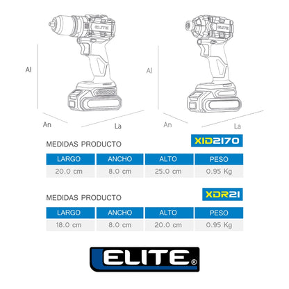 KIT 21V SIN ESCOBILLAS TALADRO PERCUTOR INALÁMBRICO 600W, 1/2 IN 30000 BPM 70Nm 2000RPM + ATORNILLADOR DE IMPACTO 480W, 1/4 IN 4500 BPM (TRES POSICIONES) 230Nm INCLUYE 2 BATERÍAS 2AH, CARGADOR