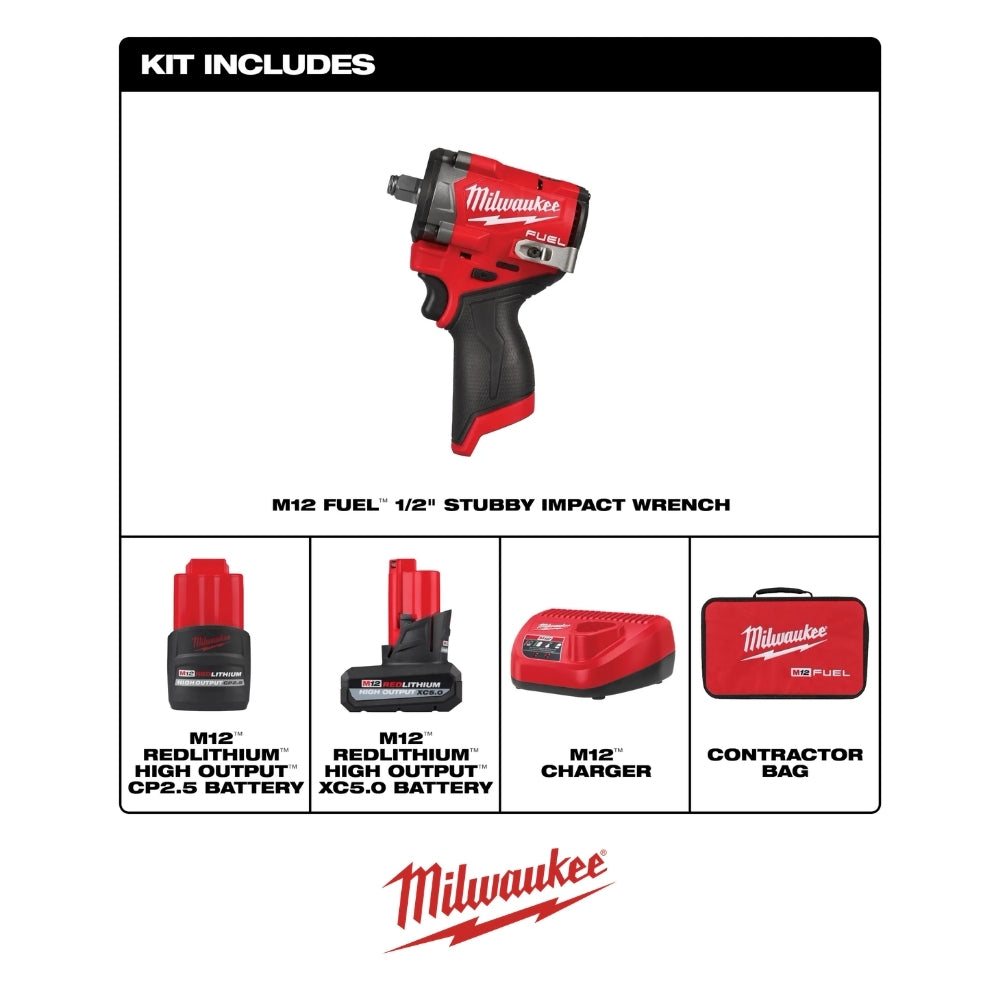 KIT LLAVE IMPACTO STUBBY M12 FUEL 1/2" CON 2 BATERIAS Y CARGADOR MILWAUKEE 2563-22