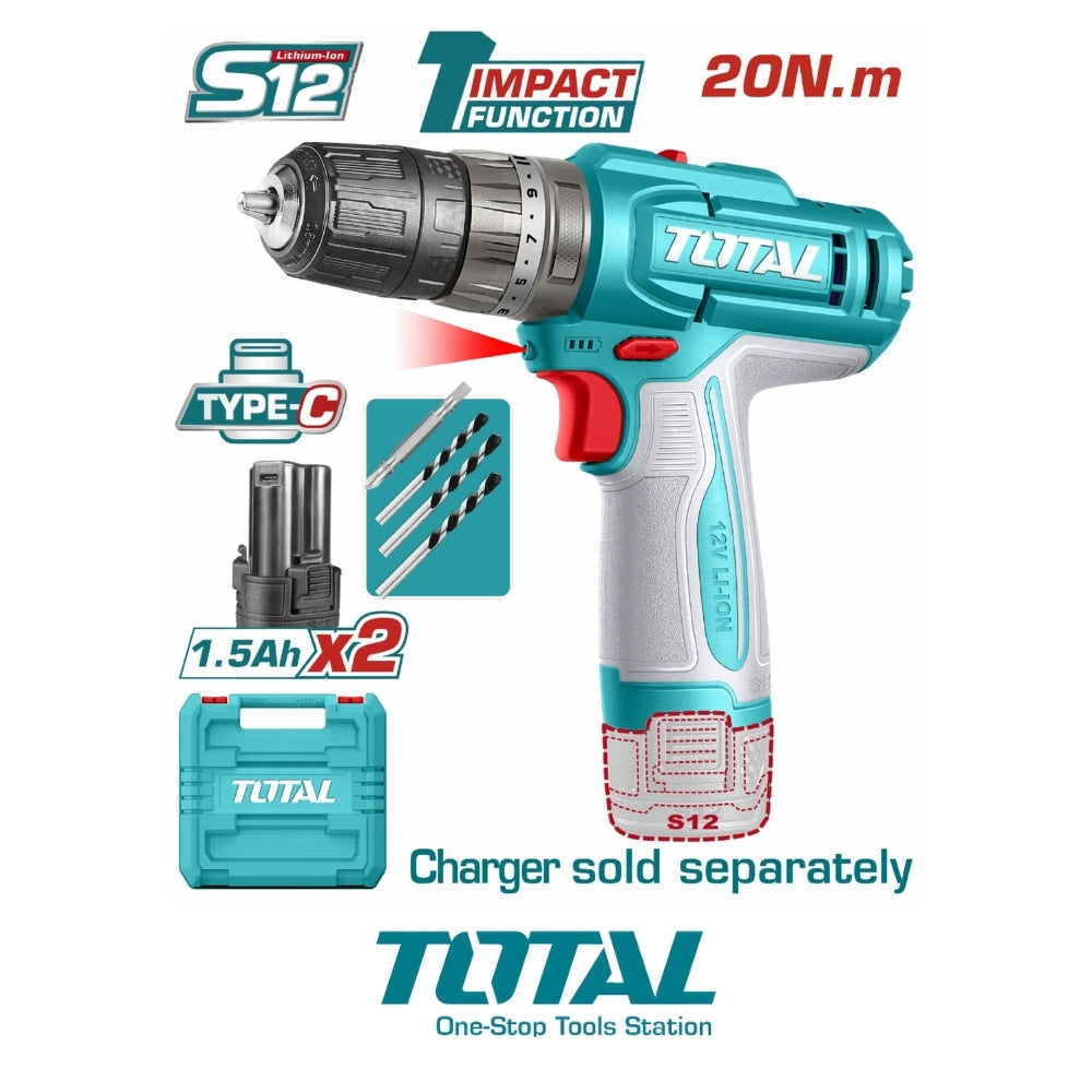 TALADRO PERCUTOR INALÁMBRICO 12V 20NM TOTAL TIDLI12206