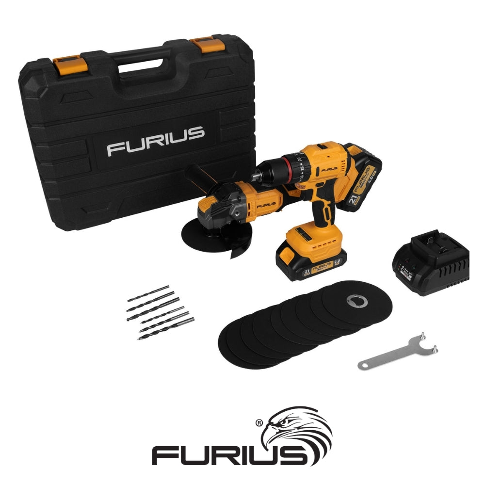 KIT TALADRO PERCUTOR + ESMERILADORA ANGULAR INALÁMBRICOS SIN CARBONES 21V FURIUS