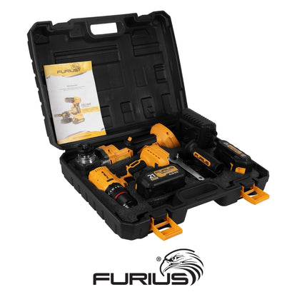 KIT TALADRO PERCUTOR + ESMERILADORA ANGULAR INALÁMBRICOS SIN CARBONES 21V FURIUS