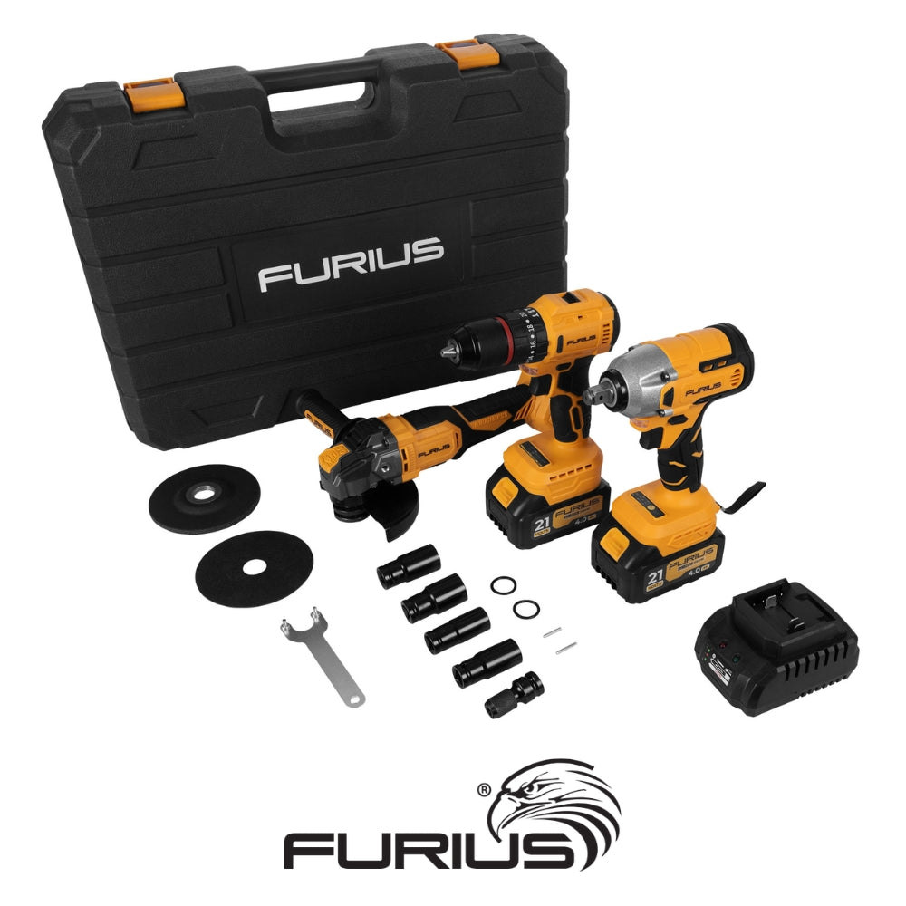 KIT TALADRO PERCUTOR + ESMERILADORA ANGULAR + LLAVE DE IMPACTO INALÁMBRICOS SIN CARBONES 21V FURIUS