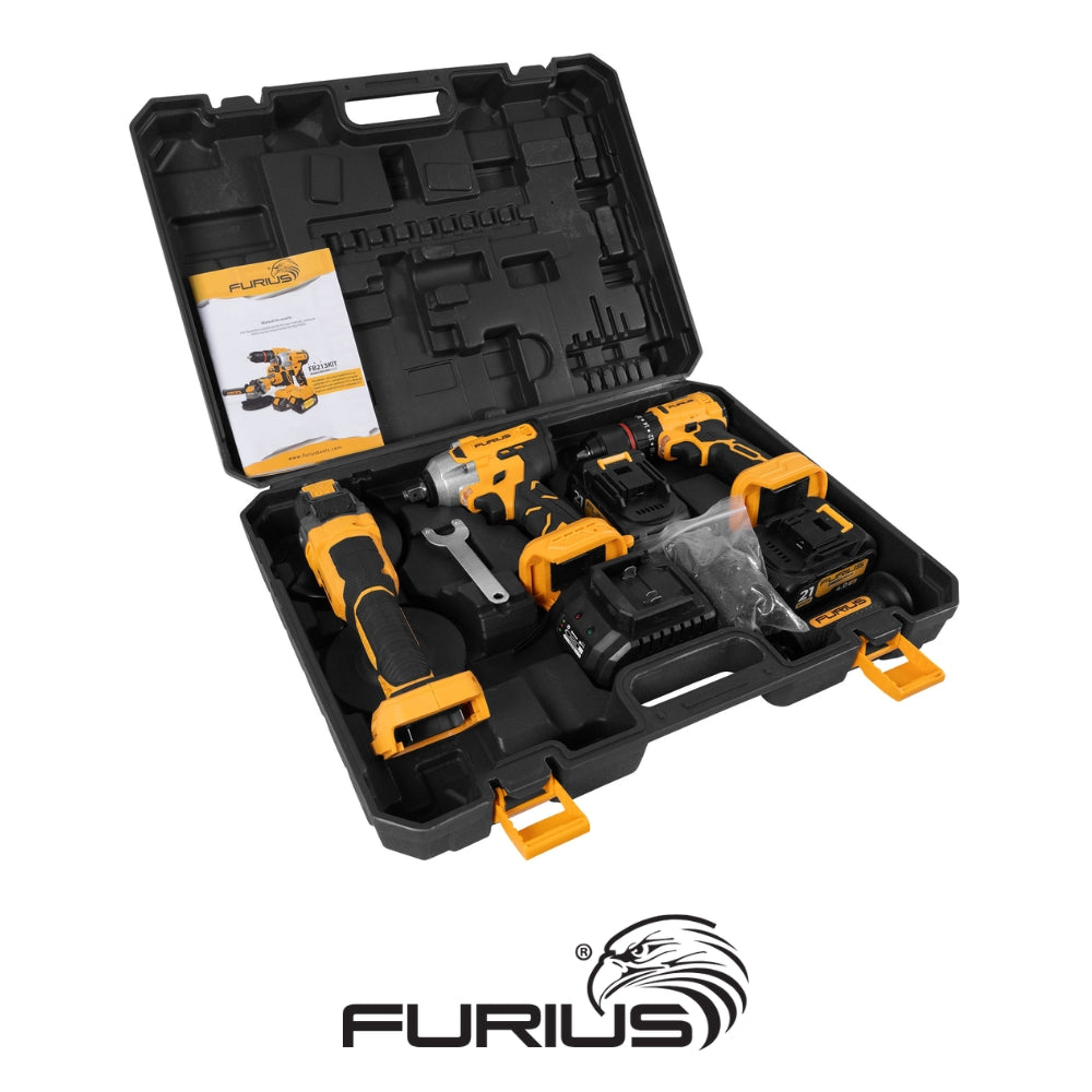 KIT TALADRO PERCUTOR + ESMERILADORA ANGULAR + LLAVE DE IMPACTO INALÁMBRICOS SIN CARBONES 21V FURIUS