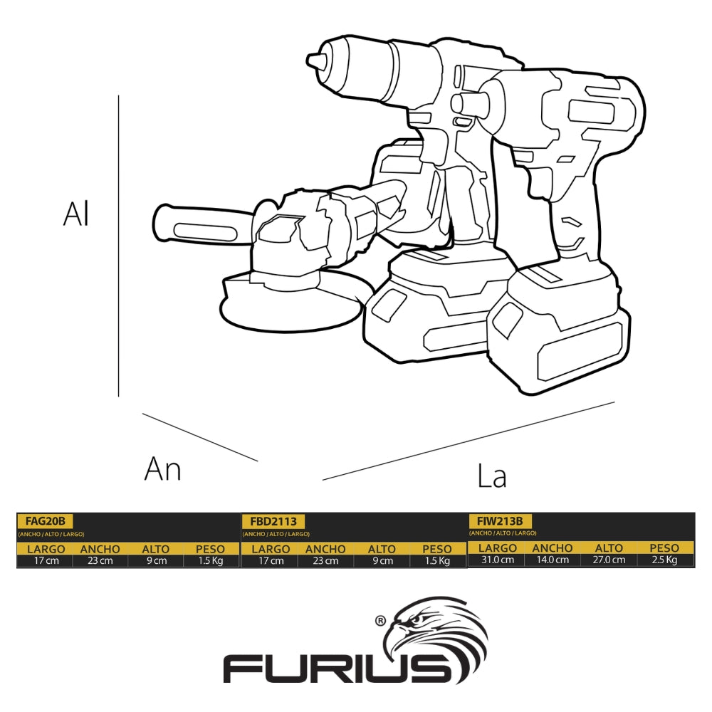 KIT TALADRO PERCUTOR + ESMERILADORA ANGULAR + LLAVE DE IMPACTO INALÁMBRICOS SIN CARBONES 21V FURIUS