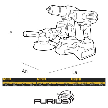 KIT TALADRO PERCUTOR + ESMERILADORA ANGULAR + LLAVE DE IMPACTO INALÁMBRICOS SIN CARBONES 21V FURIUS