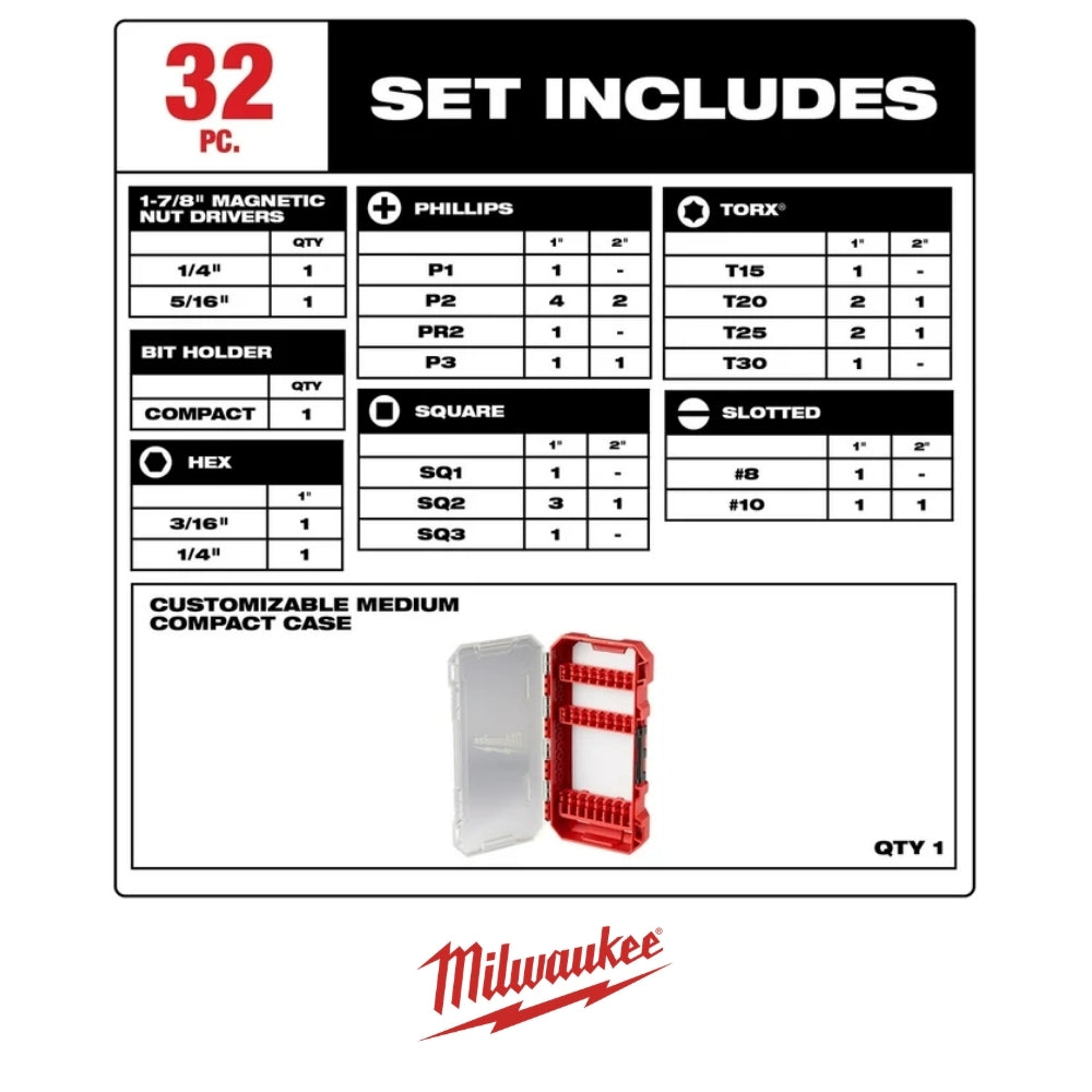 SET 32 PUNTAS SHOCKWAVE IMPACT DUTY MILWAUKEE 48-32-4004