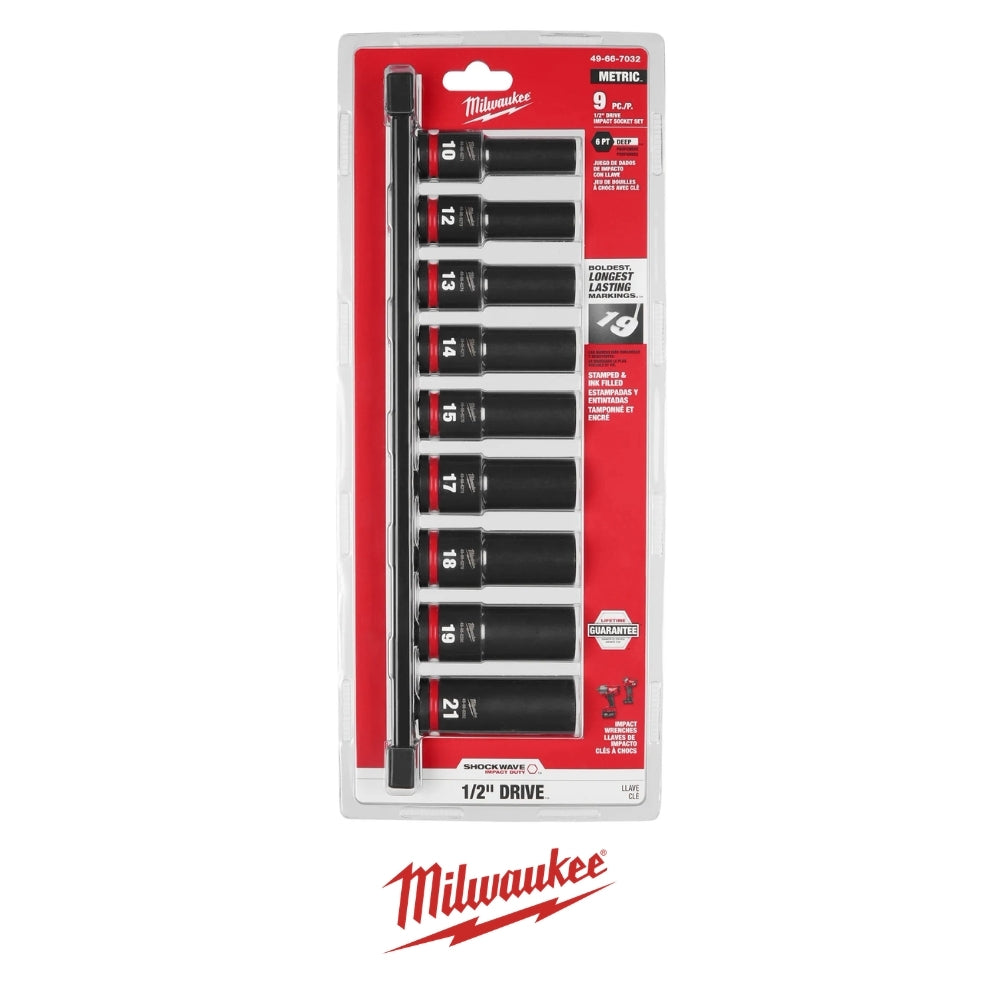 SET 9 DADOS IMPACTO SHOCKWAVE 1/2" MÉTRICOS MILWAUKEE 49-66-7032