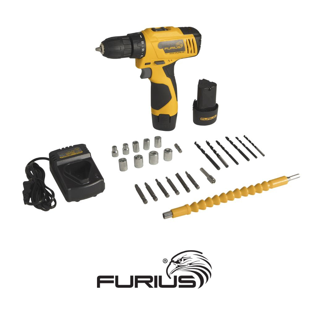 TALADRO ATORNILLADOR INALAMBRICO 12V ION DE LITHIO 1,5 AH MANDRIL 3/8 PULGADAS 0-1350 RPM SET DE ACCESORIOS FURIUS